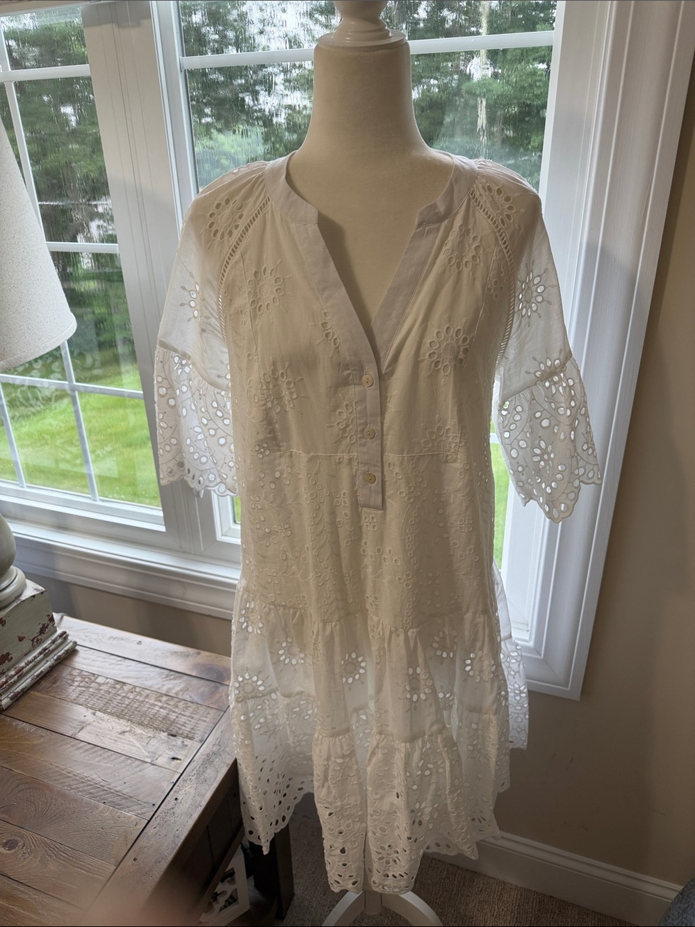 White Eyelet Tiered Lined Cotton Dress